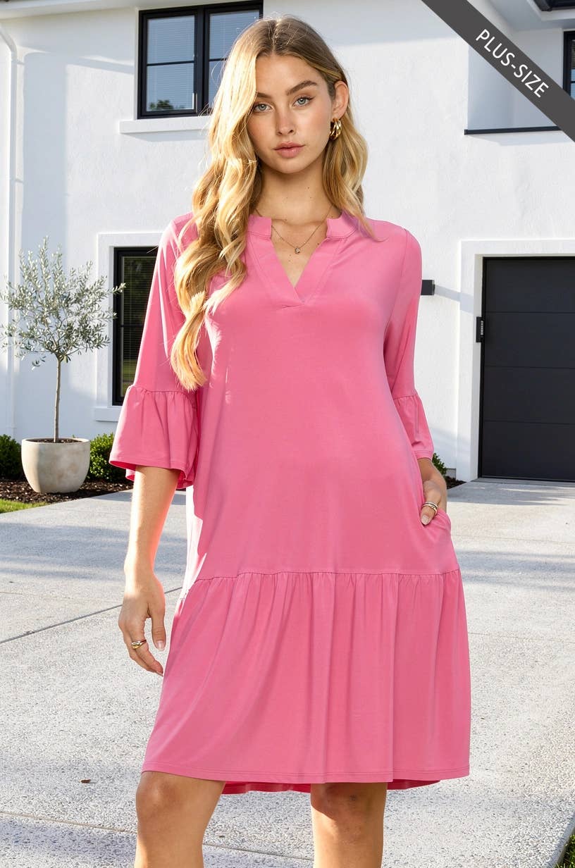 PLUS SIZE Shirred Tiered Relaxed 3/4 Sleeve Dress