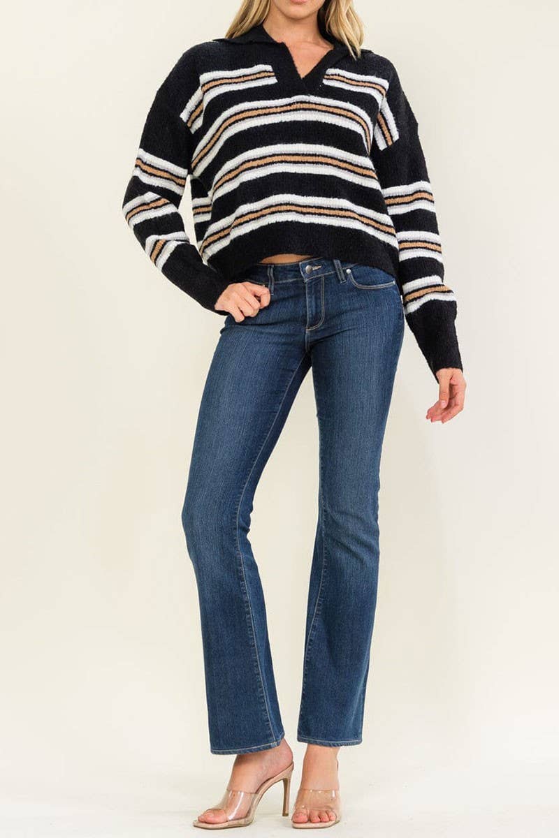 LONG SLEEVE V-NECK STRIPES COLORBLOCK PULLOVER SWEATER