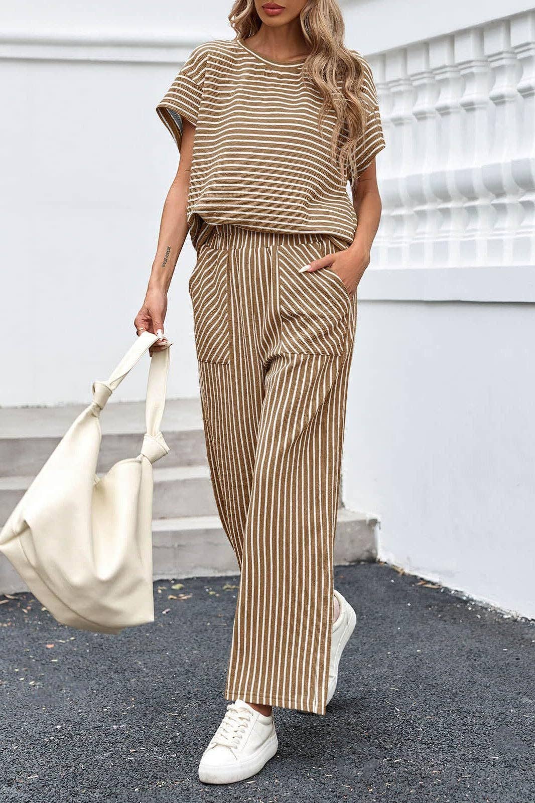 Striped Wide Leg Pants Set Casual Summer Lounge Outfit
