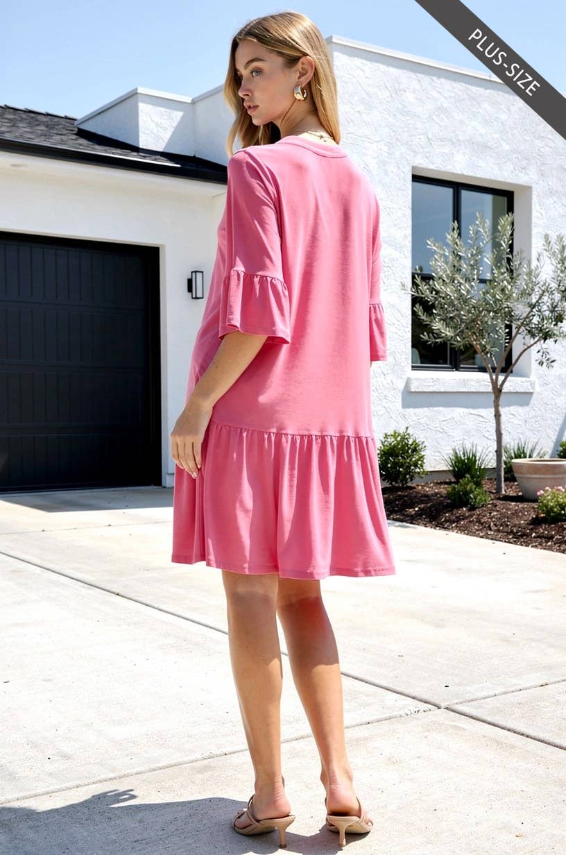 PLUS SIZE Shirred Tiered Relaxed 3/4 Sleeve Dress