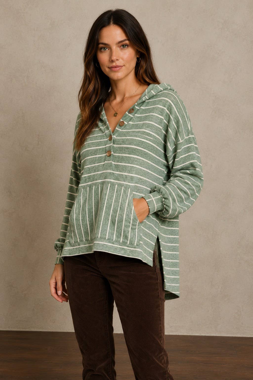 Striped Henley Knit Hoodie with Kangaroo Pocket