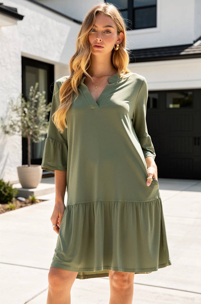 Shirred Tiered Relaxed 3/4 Sleeve Dress