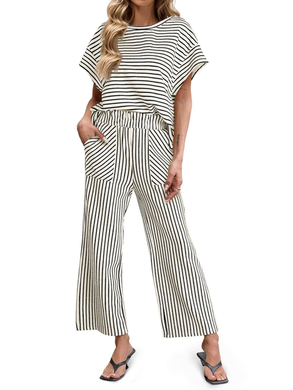 Striped Wide Leg Pants Set Casual Summer Lounge Outfit