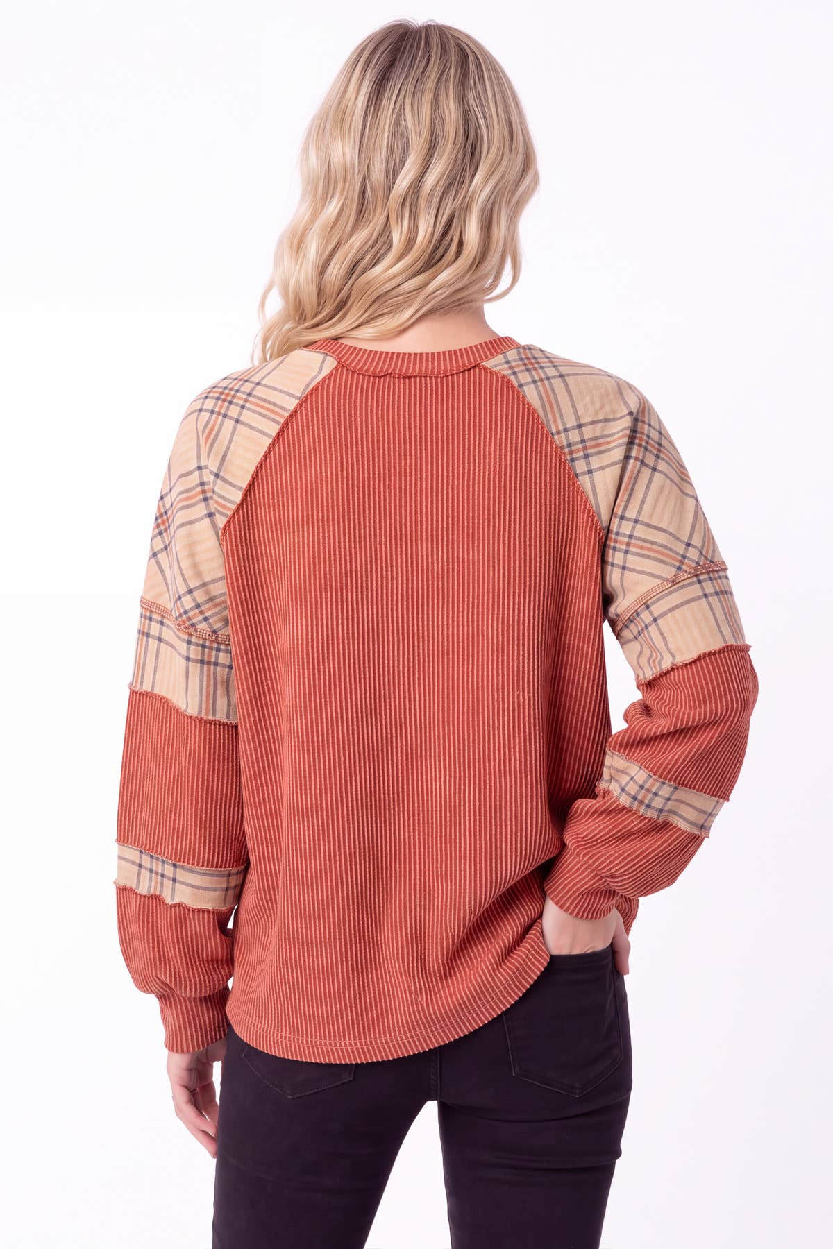 Plaid Contrast Rib Knit Top