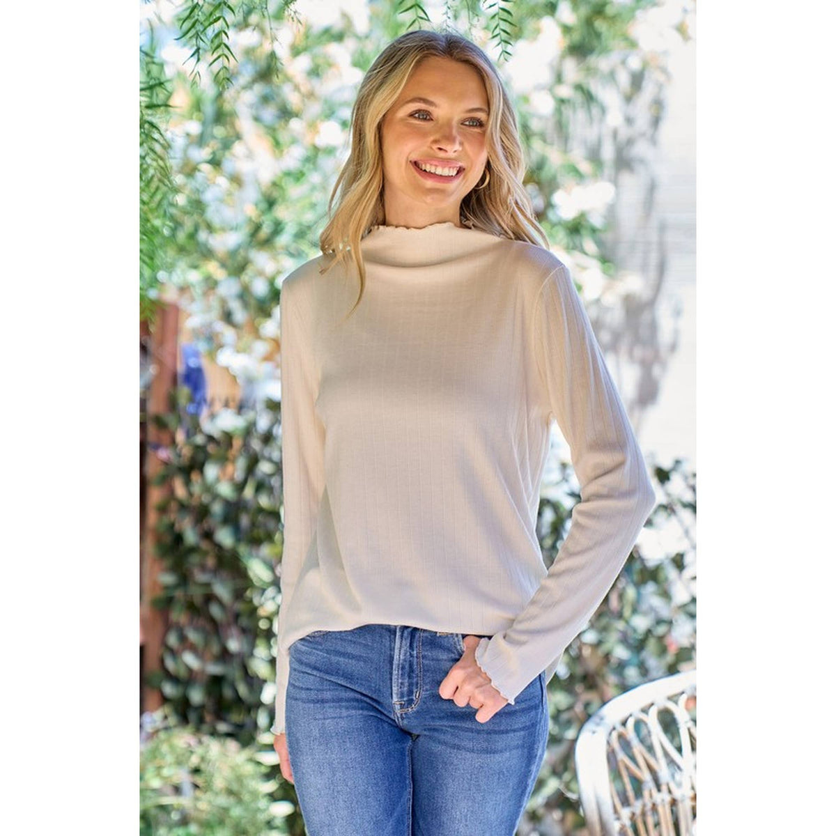 Ribbed Mock Neck Long Sleeve Lettuce Edge Knit Top