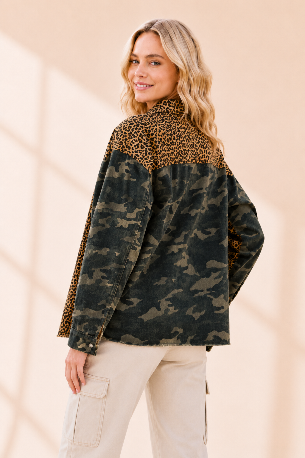 Camo and Leopard Contrast Woven Drop Shoulder Shacket