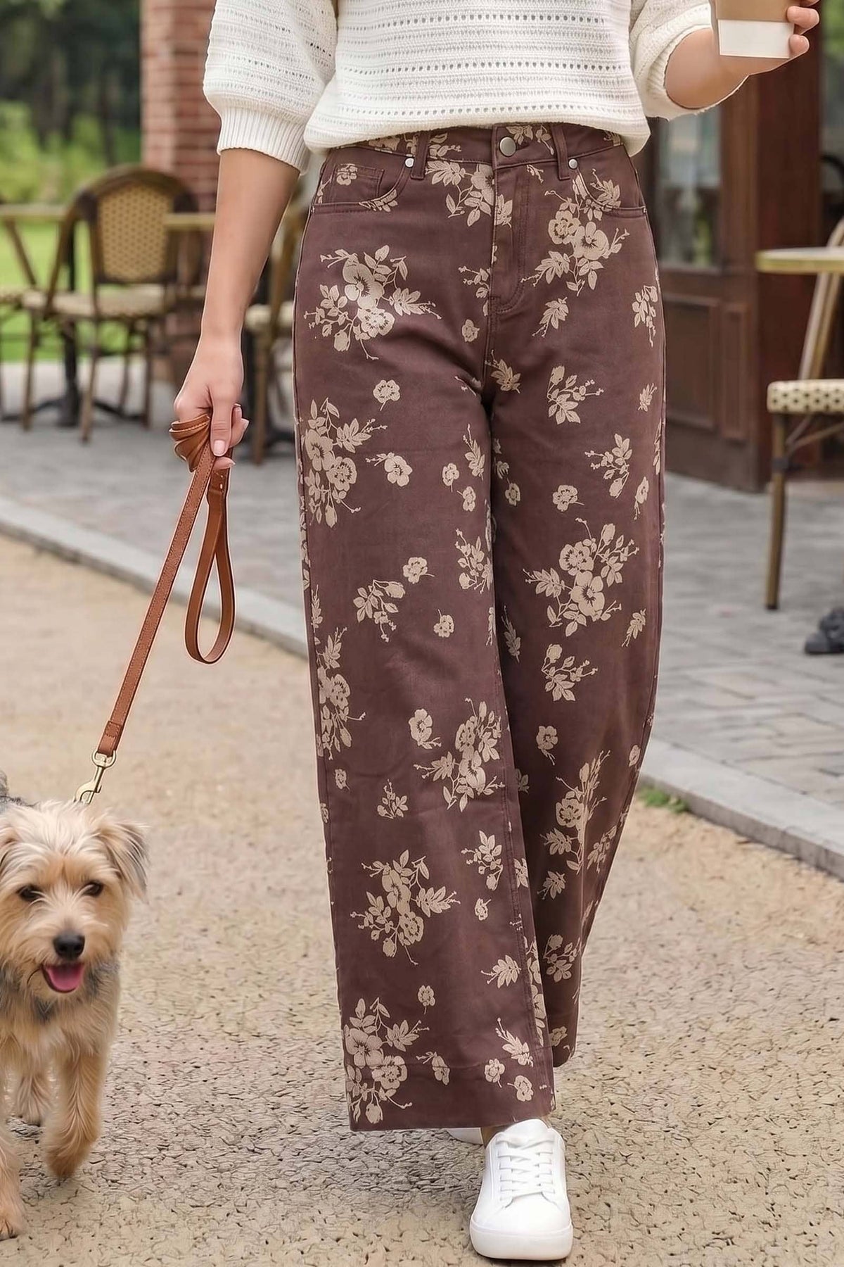 Floral Print Straight Leg Cotton Denim Span Pants