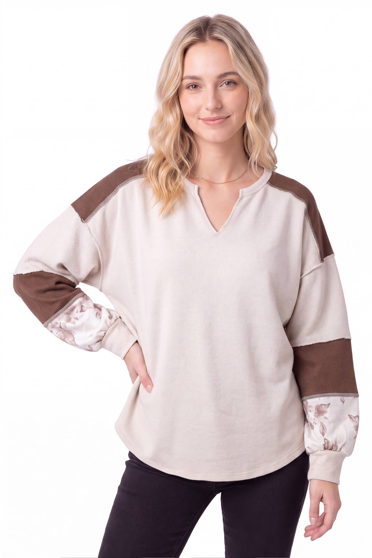 Color Block Floral Contrast Long Sleeve Top