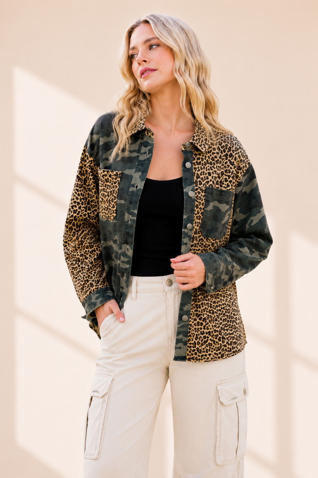 Camo and Leopard Contrast Woven Drop Shoulder Shacket