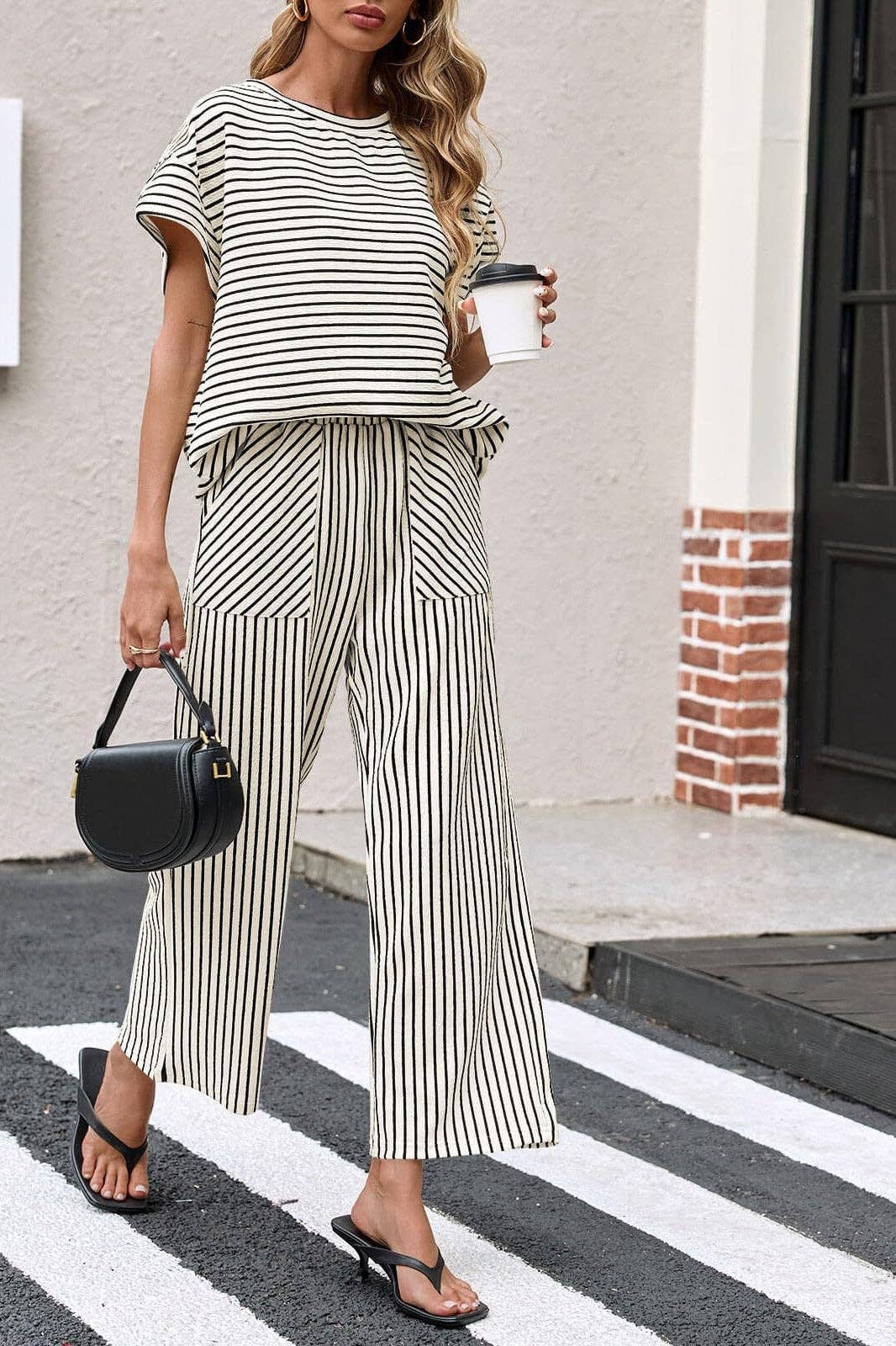 Striped Wide Leg Pants Set Casual Summer Lounge Outfit