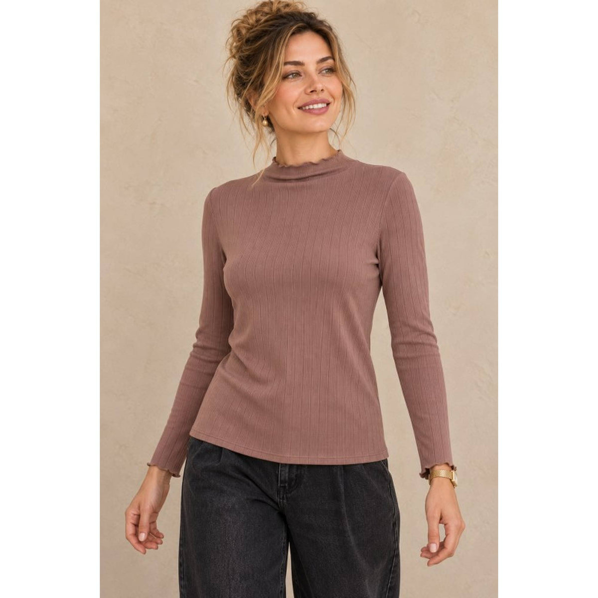 Ribbed Mock Neck Long Sleeve Lettuce Edge Knit Top