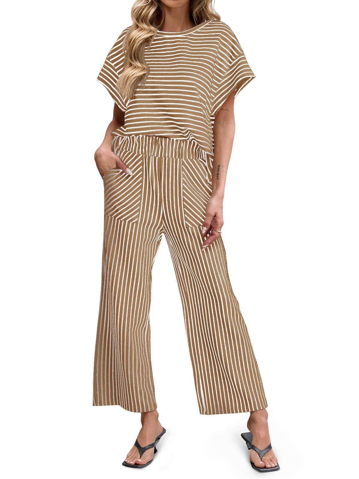 Striped Wide Leg Pants Set Casual Summer Lounge Outfit