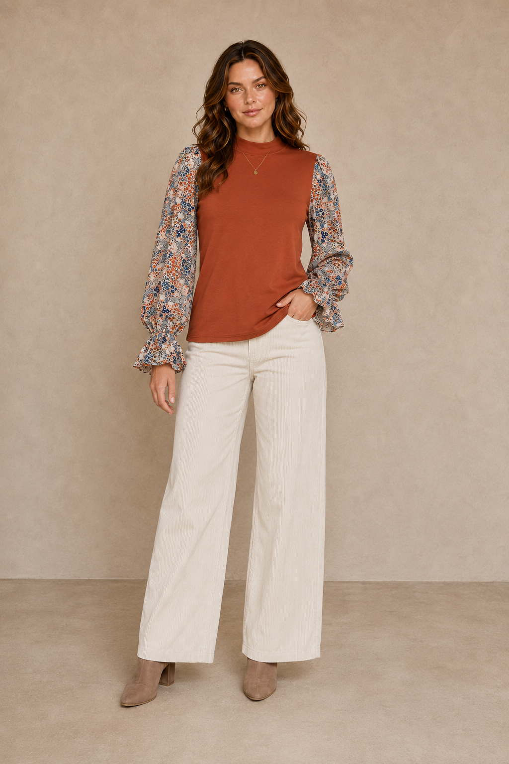 Mixed Media Floral Ruffle Sleeve Mock Neck Knit Top