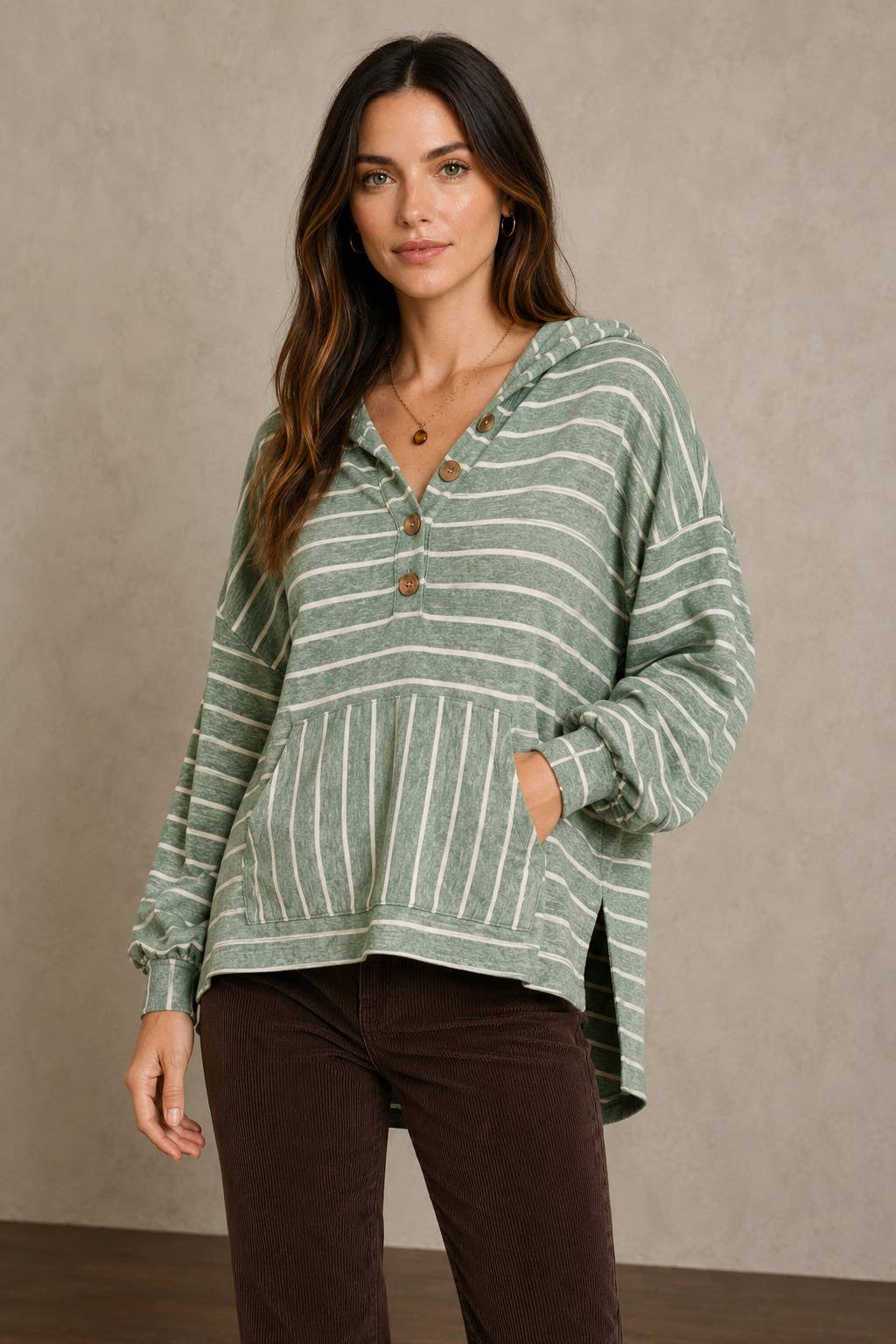 Striped Henley Knit Hoodie with Kangaroo Pocket