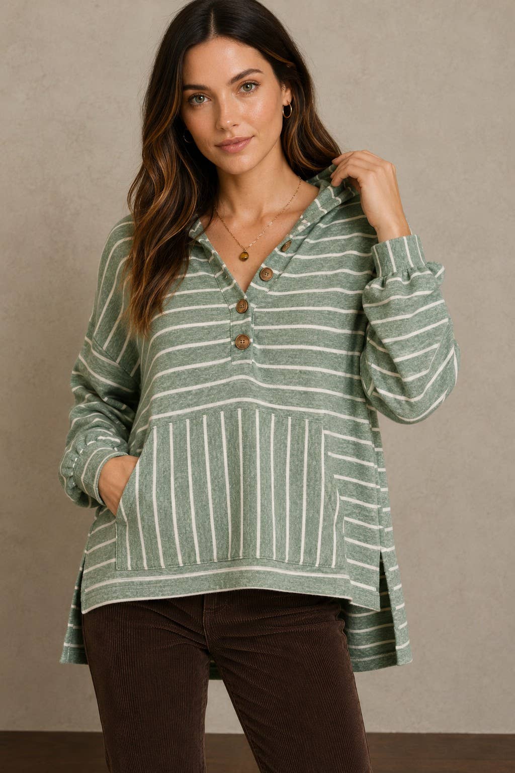 Striped Henley Knit Hoodie with Kangaroo Pocket