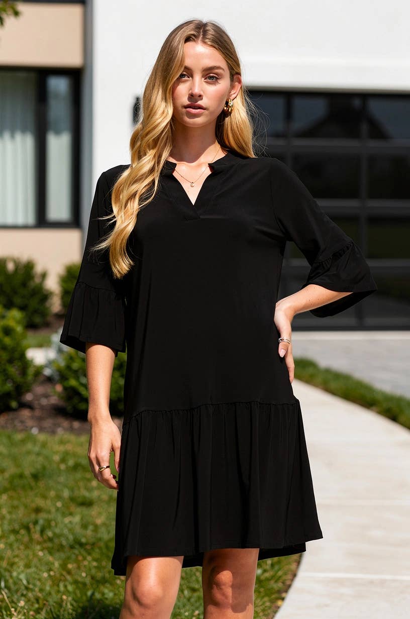Shirred Tiered Relaxed 3/4 Sleeve Dress