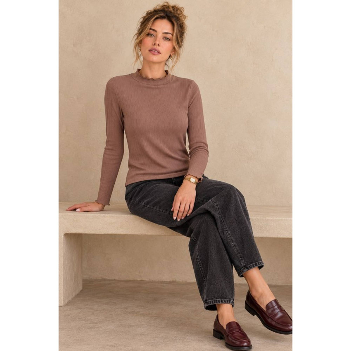 Ribbed Mock Neck Long Sleeve Lettuce Edge Knit Top