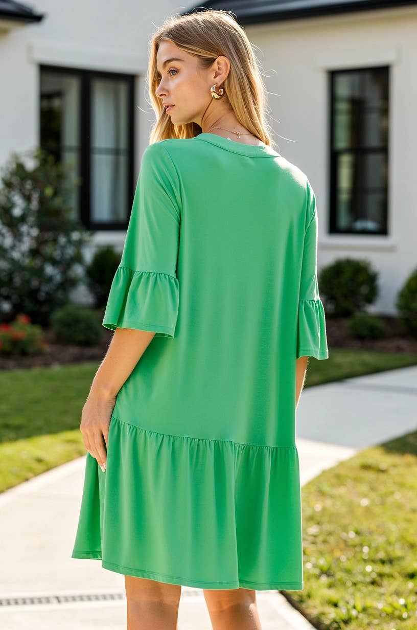 Shirred Tiered Relaxed 3/4 Sleeve Dress