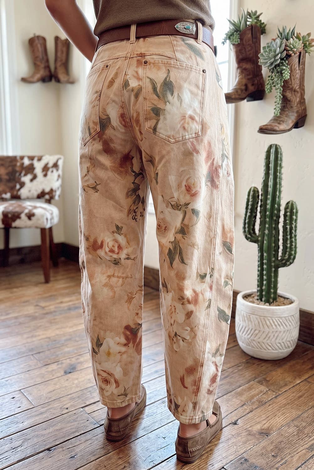 Floral Straight Leg Jeans Vintage Ankle Denim Pants