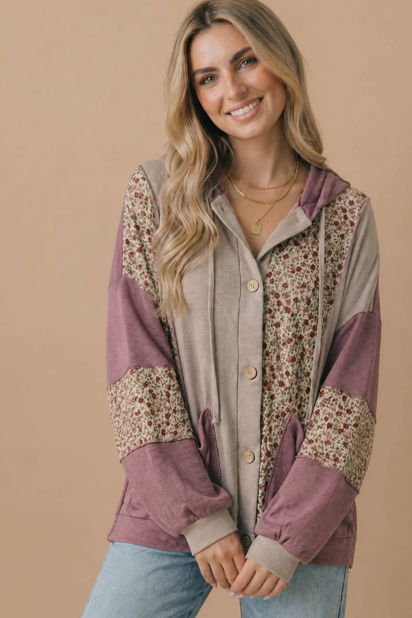Plus Mixed Media Bubble Sleeve Hoodie Jacket