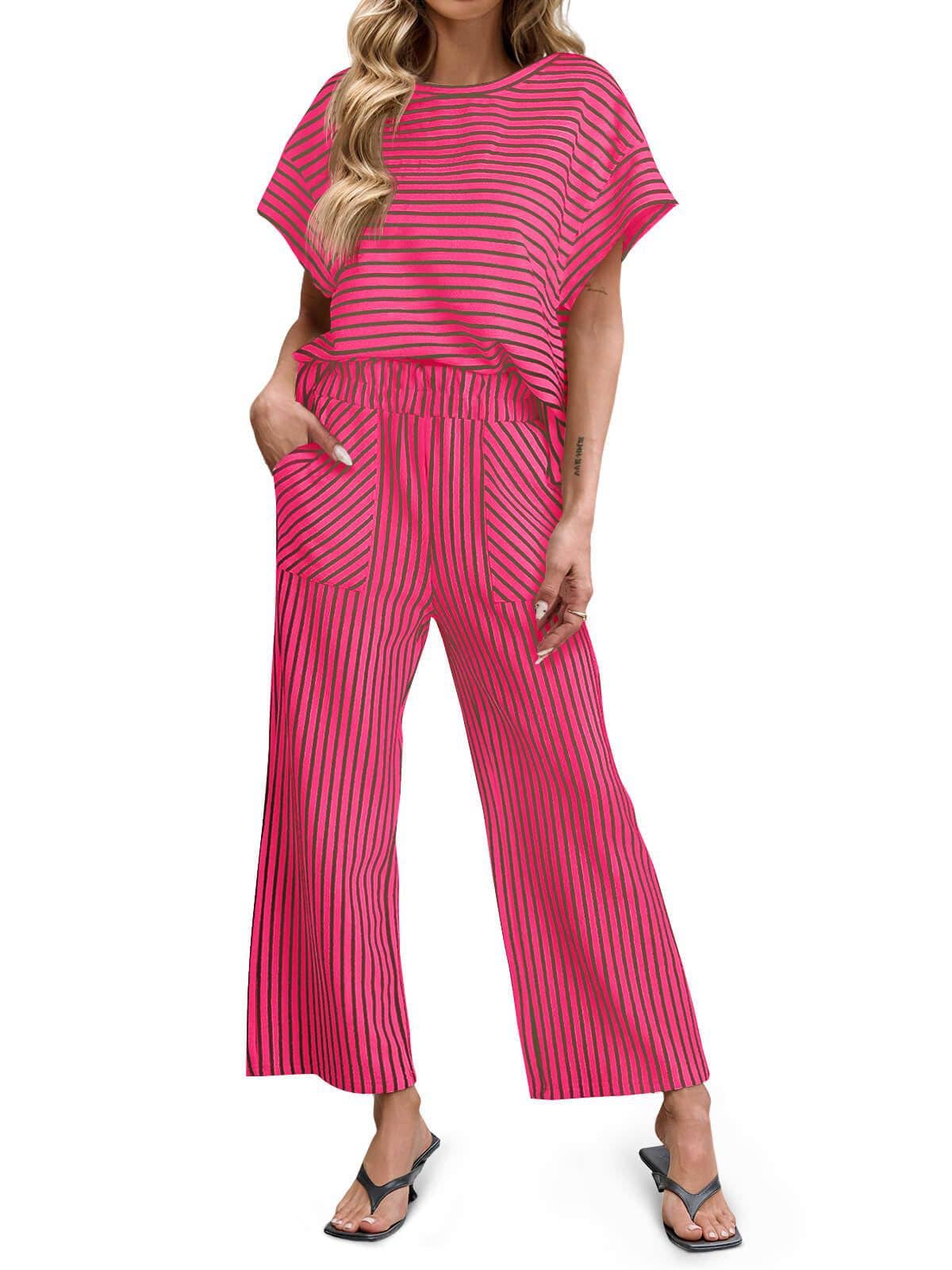 Striped Wide Leg Pants Set Casual Summer Lounge Outfit