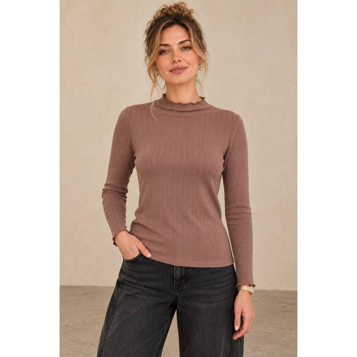 Ribbed Mock Neck Long Sleeve Lettuce Edge Knit Top