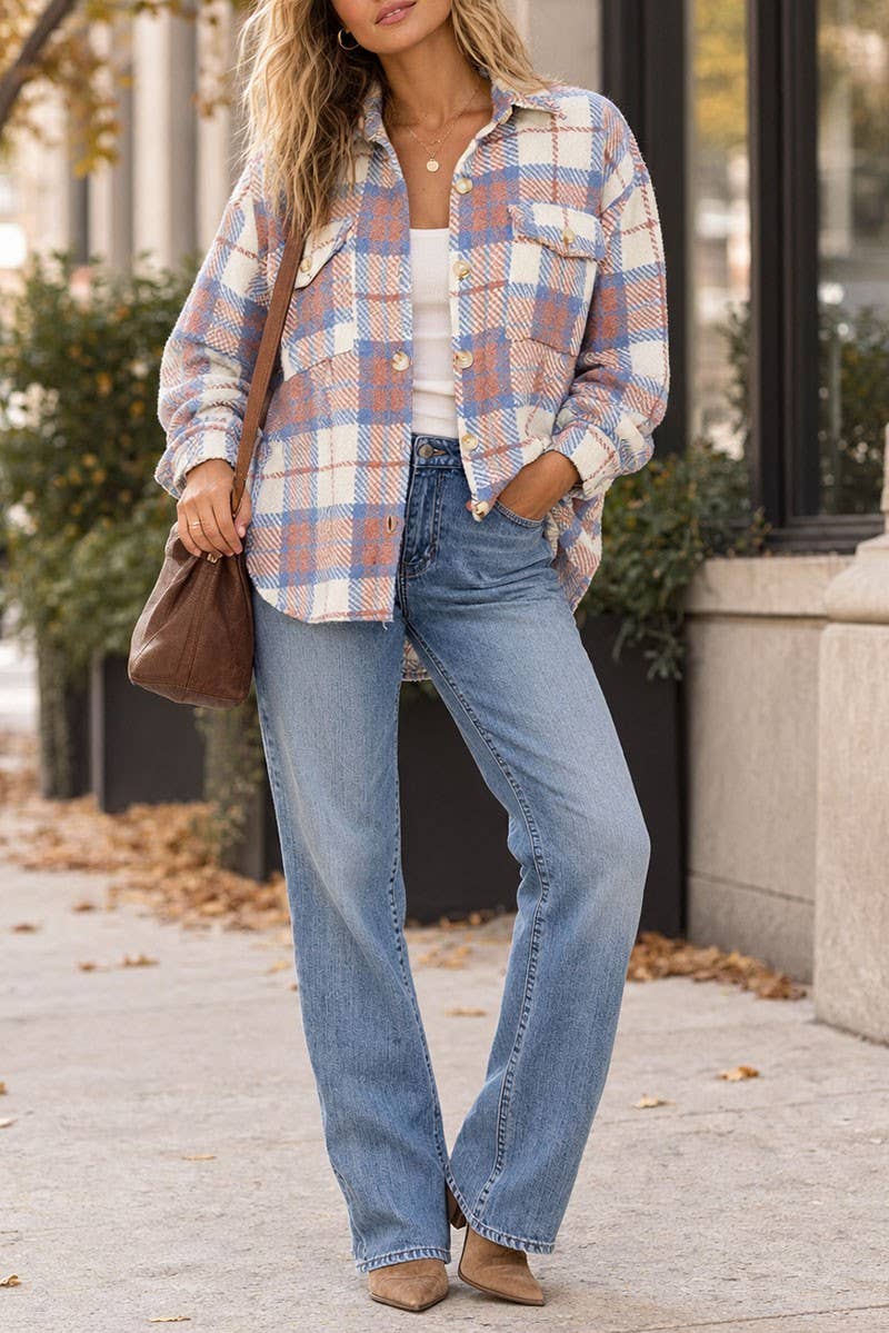 LONG SLEEVE BUTTON UP FRONT POCKETS PLAID JACKET