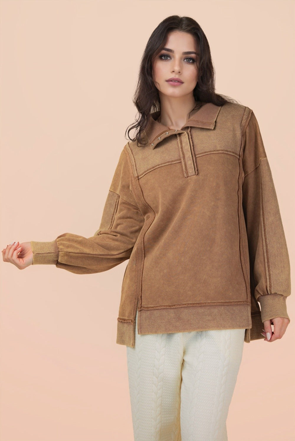 Half Button-Down Oversized Contrast Knit Top