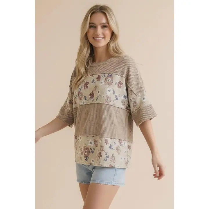 Plus Short Sleeve Wave Rib Floral Color Block Top